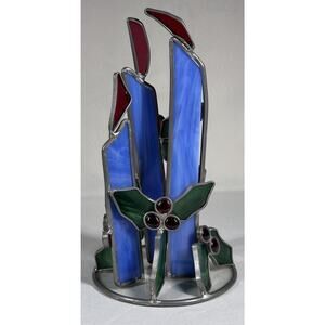 Stained Glass Blue Candles Holly Berries Freestanding Christmas Decoration 10" H